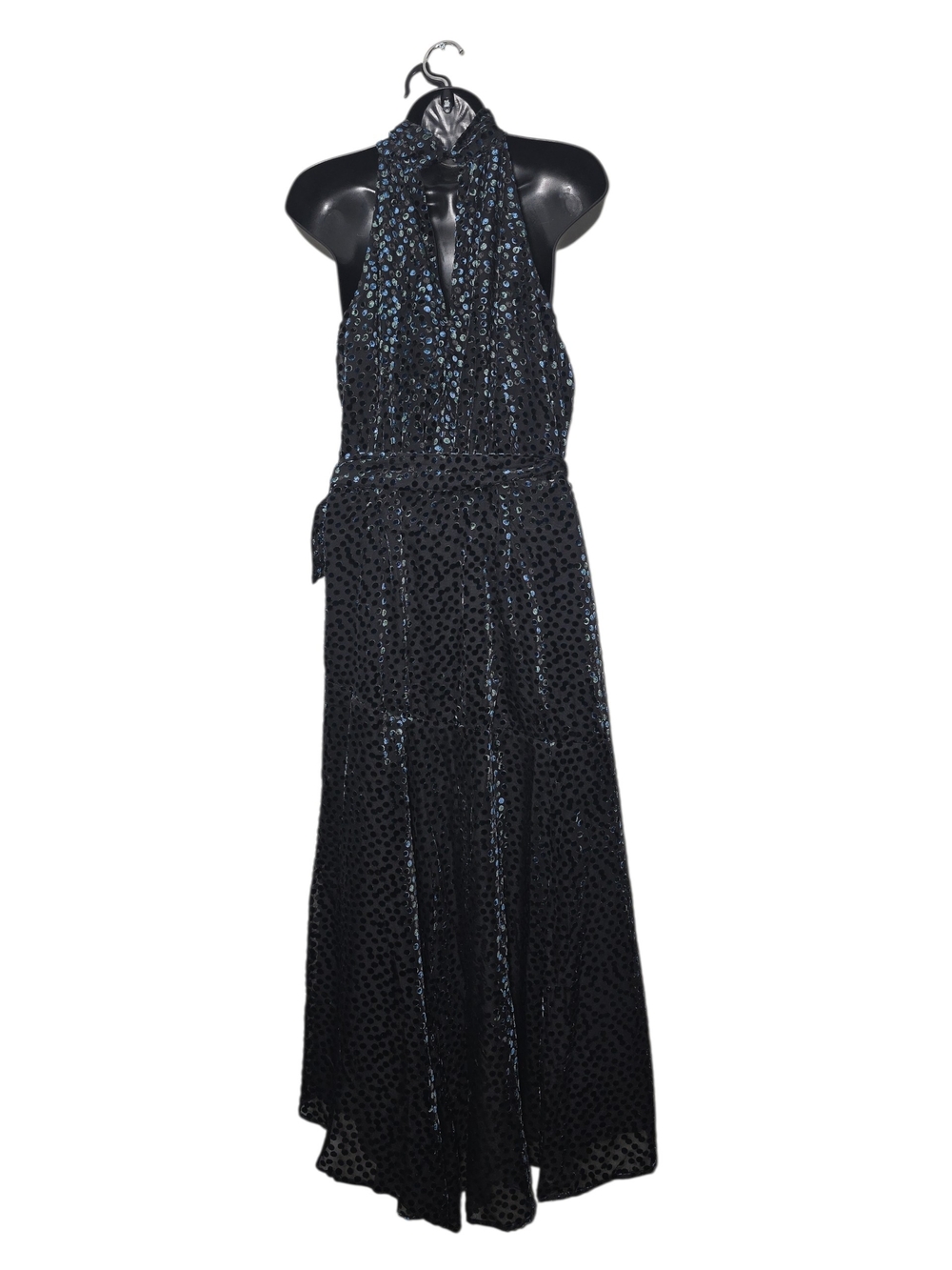 Mango MNG Velvet Polka Dot Halter Maxi Dress Black Teal Devore Belted Size 6 - Picture 5 of 10